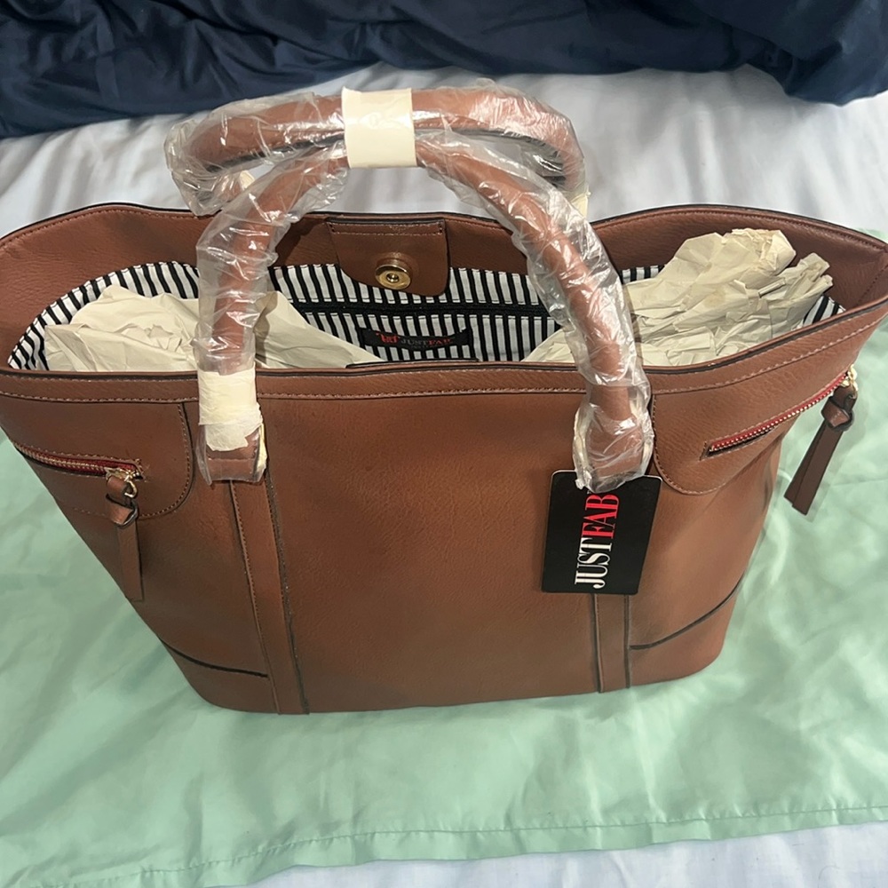 JustFab Large Tote. Cognac Color With Black And White Striped Interior